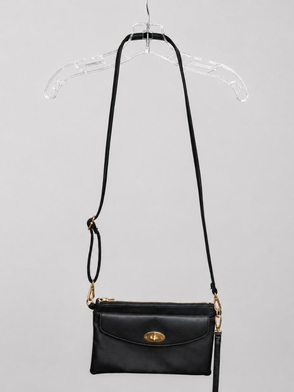 Black Leather Crossbody Bag Minimal Flap Gold Accent Classic Shoulder Bag